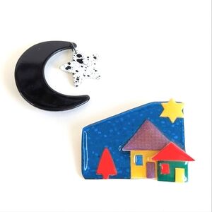 Set/ 2 Brooches - Designs by Lucinda House Pin Unsigned Moon Pin Hanging Star